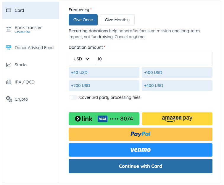 Better Giving embeddable donation form